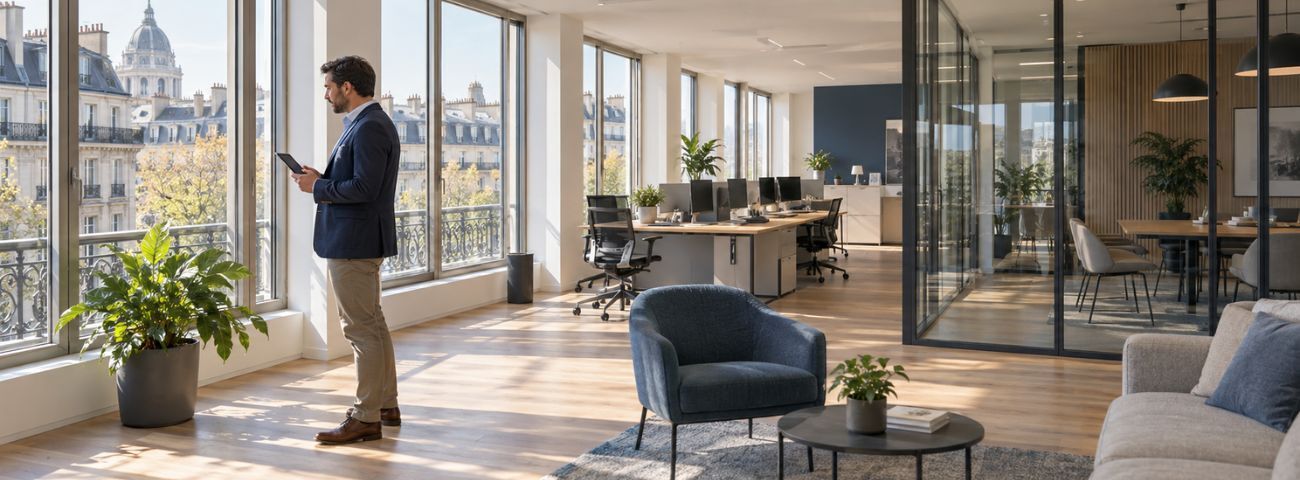 Surface de bureau et un homme à la fenêtre