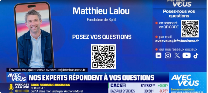 Écran BFM BUSINESS avec l'intervention de Matthieu Lalou, fondateur de Spliit