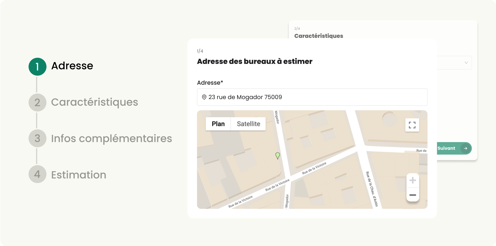 Ecran des étapes d'un estimation