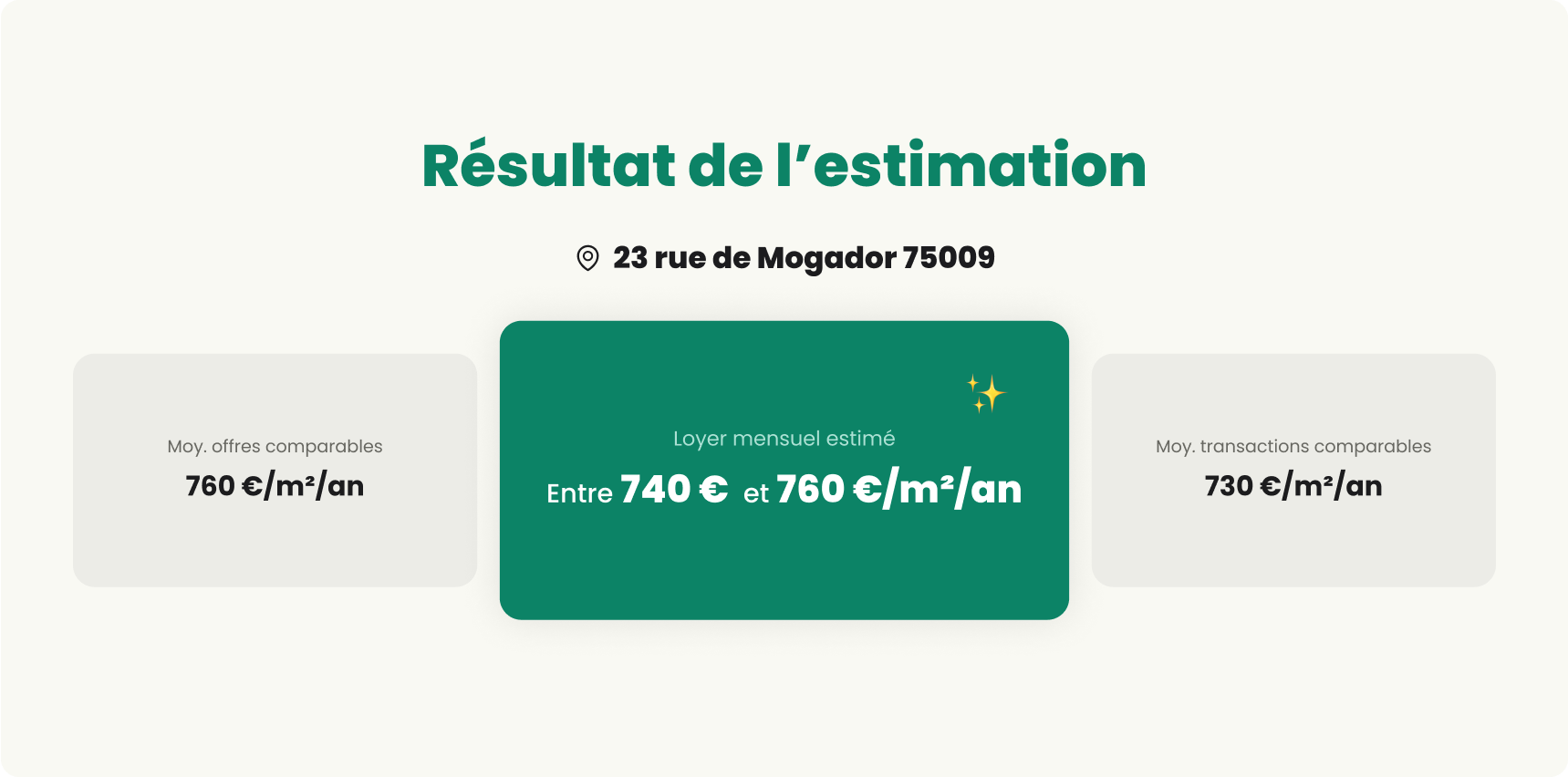 Page de résultat d'un estimation