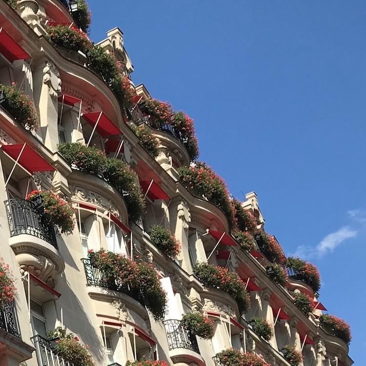 Façade de l'hôtel plaza avec jardinières fleuries et ciel bleu dans le coin en haut à droite