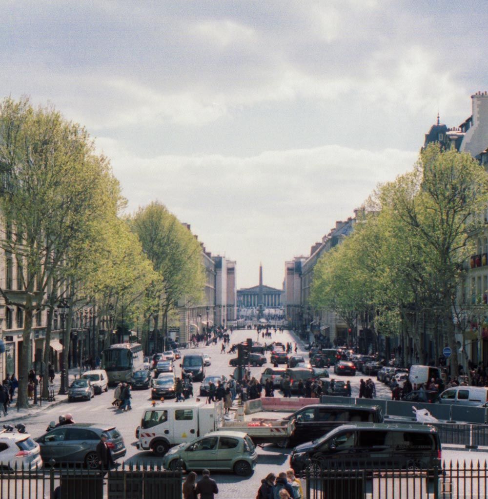Rue avec de nombreuses voitures, des arbres sont de chaque côtés de celle-ci, on aperçoit au bout de la rue l'obélisque de la place concorde